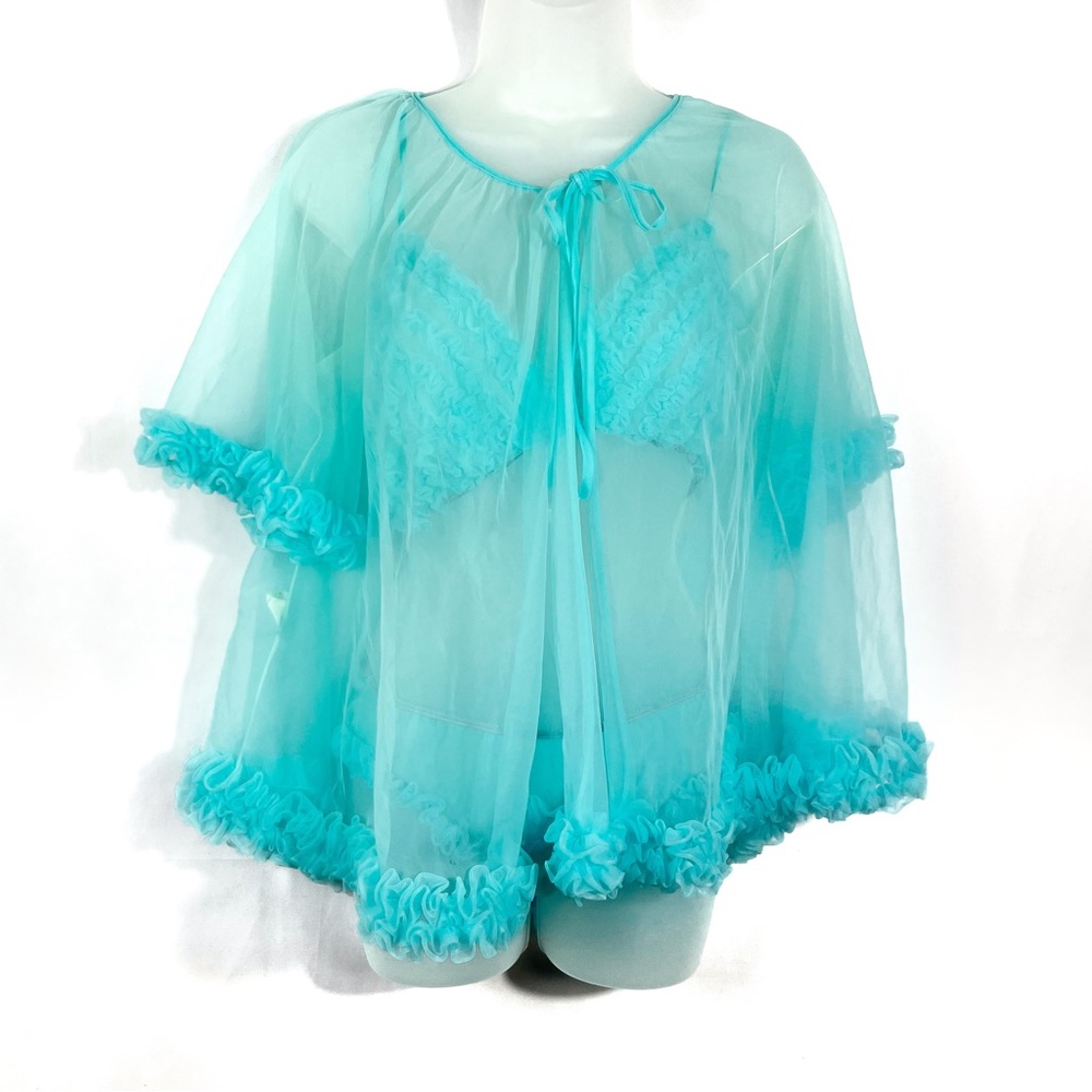Vintage 1960s Tiffany Blue Mesh Ruffle Nightie Sleep Set Lingerie Peignoir Set - Picture 1 of 11